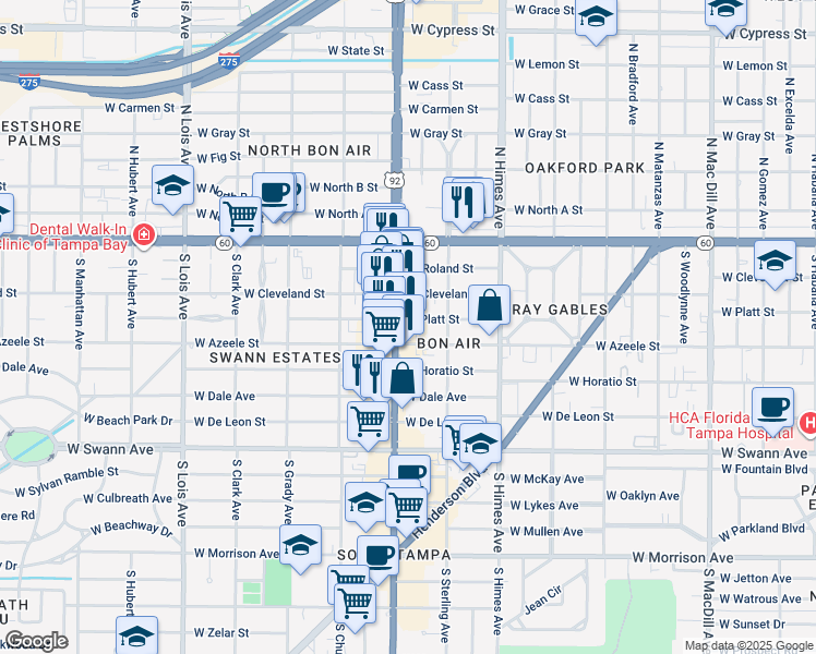 map of restaurants, bars, coffee shops, grocery stores, and more near 3708 West Platt Street in Tampa
