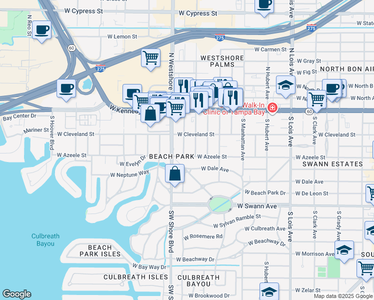 map of restaurants, bars, coffee shops, grocery stores, and more near 209 South Trask Street in Tampa