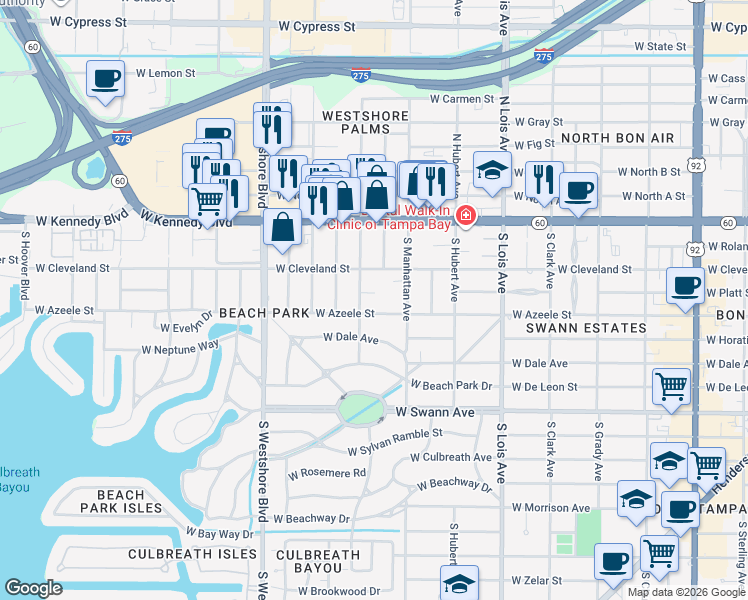 map of restaurants, bars, coffee shops, grocery stores, and more near 4406 West Platt Street in Tampa