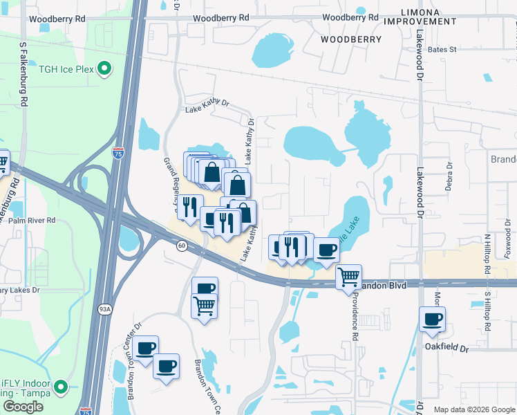 map of restaurants, bars, coffee shops, grocery stores, and more near 2139 Brandon Park Circle in Brandon
