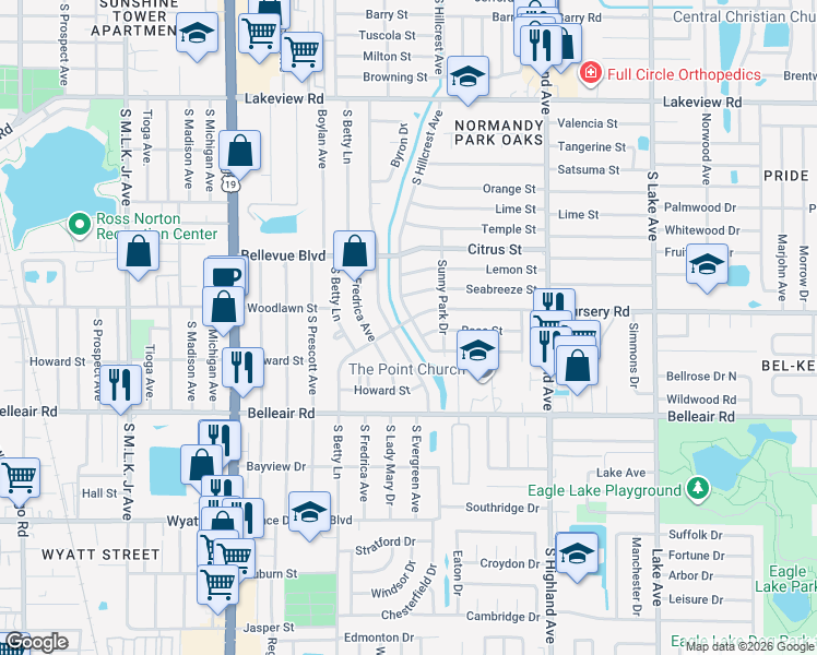 map of restaurants, bars, coffee shops, grocery stores, and more near 1500 South Hillcrest Avenue in Clearwater
