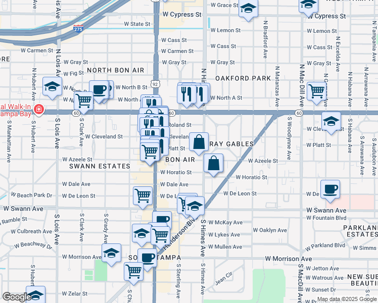 map of restaurants, bars, coffee shops, grocery stores, and more near 3616 West Platt Street in Tampa