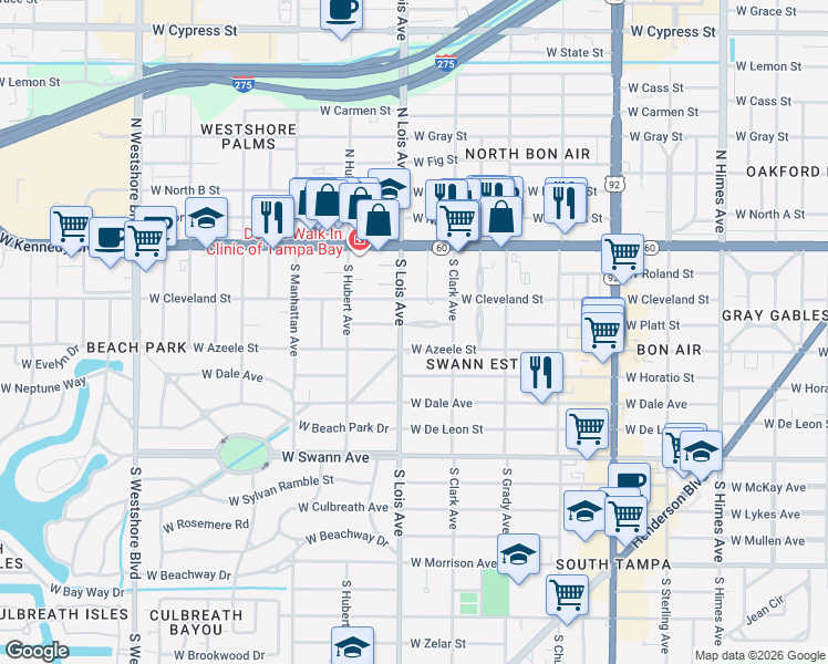 map of restaurants, bars, coffee shops, grocery stores, and more near 4118 West Platt Street in Tampa