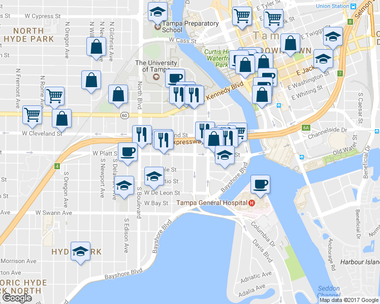 map of restaurants, bars, coffee shops, grocery stores, and more near 249 South Hyde Park Avenue in Tampa