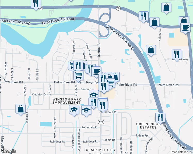 map of restaurants, bars, coffee shops, grocery stores, and more near 7756 Palm River Road in Tampa