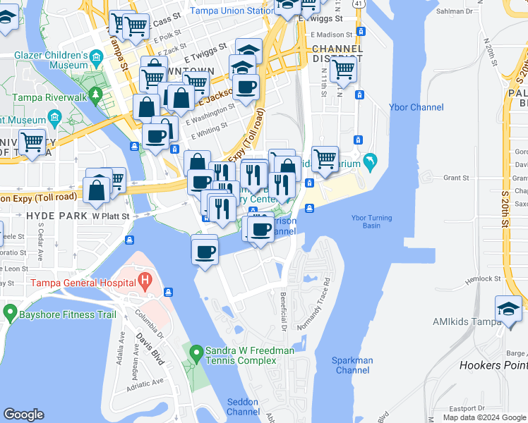 map of restaurants, bars, coffee shops, grocery stores, and more near in Tampa