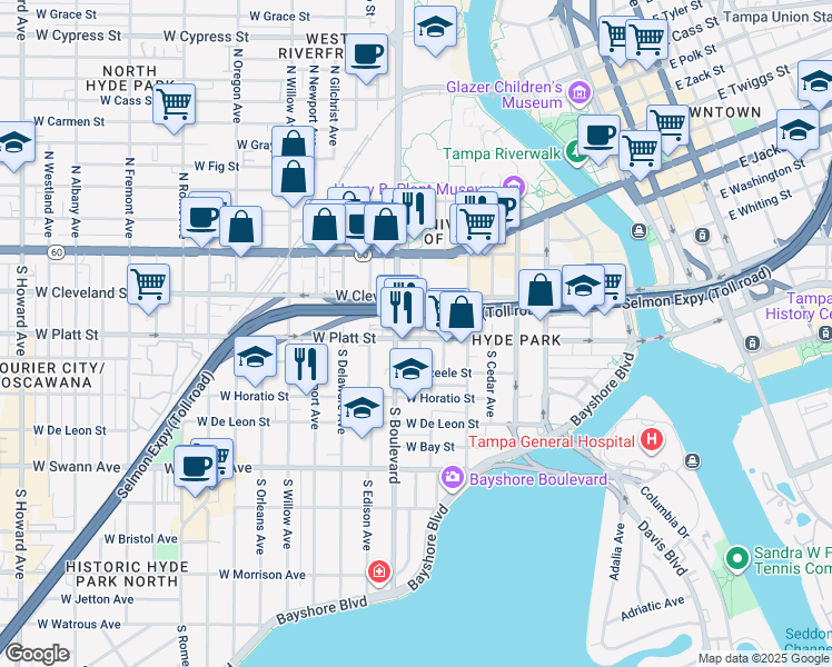 map of restaurants, bars, coffee shops, grocery stores, and more near 224 South Boulevard in Tampa