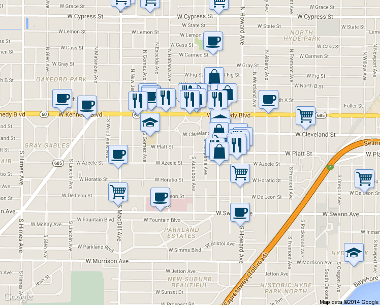 map of restaurants, bars, coffee shops, grocery stores, and more near 304 South Arrawana Avenue in Tampa