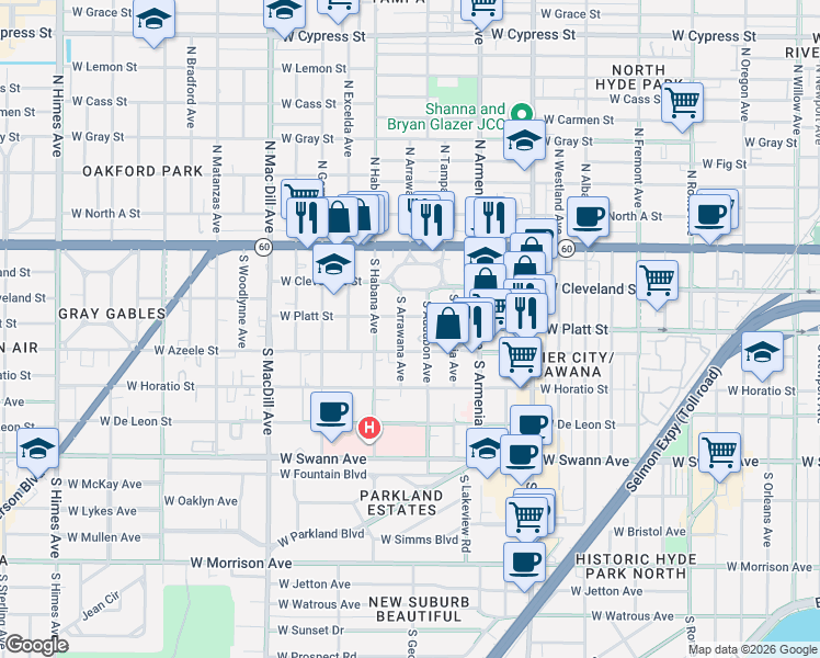 map of restaurants, bars, coffee shops, grocery stores, and more near 304 South Arrawana Avenue in Tampa