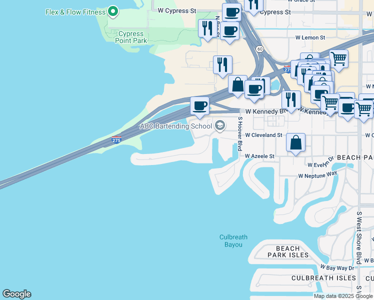 map of restaurants, bars, coffee shops, grocery stores, and more near 5801 Mariner Street in Tampa