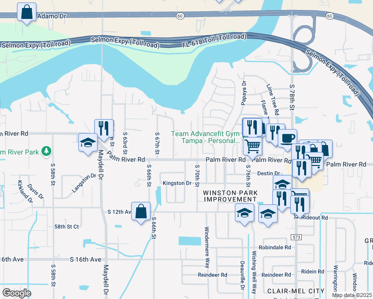 map of restaurants, bars, coffee shops, grocery stores, and more near 649 Roberts Drive in Tampa