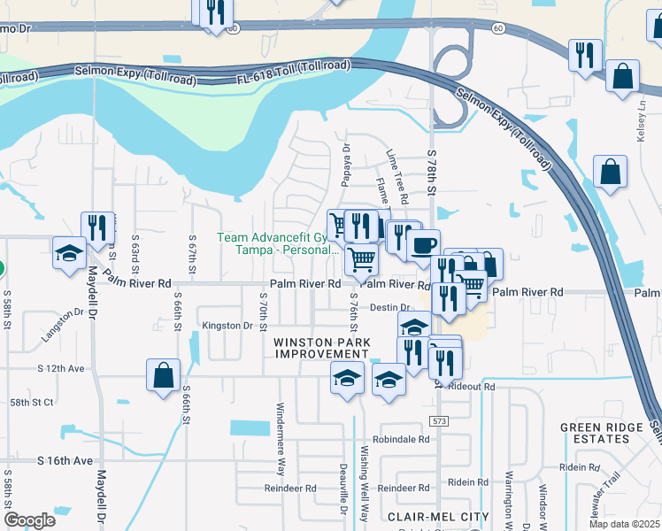 map of restaurants, bars, coffee shops, grocery stores, and more near 715 Palm Bay Drive in Tampa