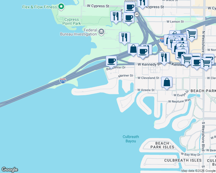 map of restaurants, bars, coffee shops, grocery stores, and more near 5801 Mariner Street in Tampa