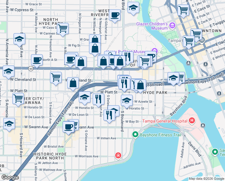 map of restaurants, bars, coffee shops, grocery stores, and more near 1005 West Platt Street in Tampa
