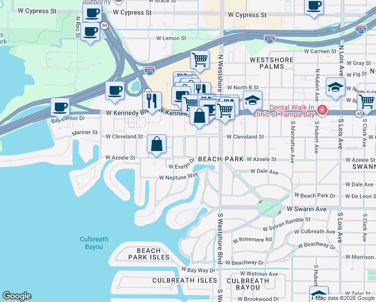 map of restaurants, bars, coffee shops, grocery stores, and more near 216 South Gardenia Avenue in Tampa