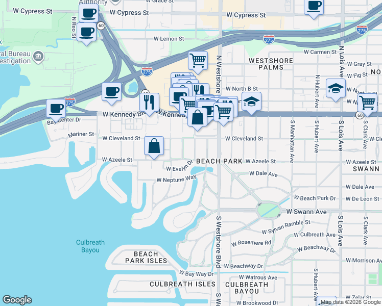 map of restaurants, bars, coffee shops, grocery stores, and more near 216 South Gardenia Avenue in Tampa