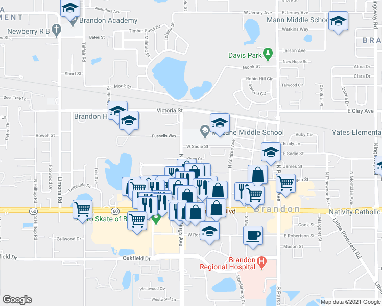 map of restaurants, bars, coffee shops, grocery stores, and more near 208 Kings Court in Brandon