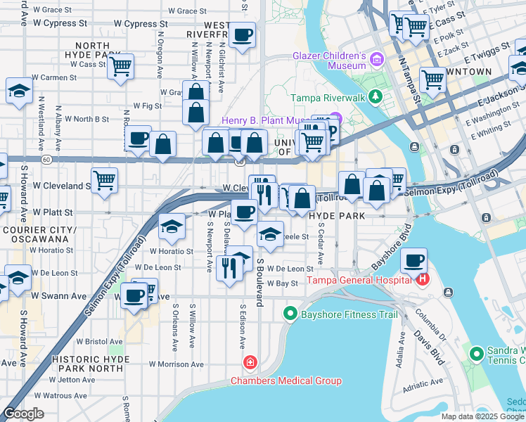 map of restaurants, bars, coffee shops, grocery stores, and more near 224 South Boulevard in Tampa