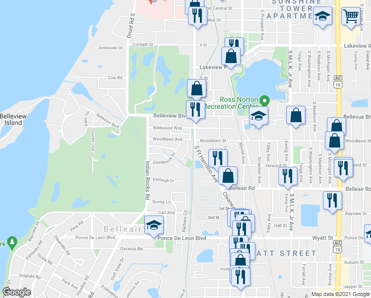 map of restaurants, bars, coffee shops, grocery stores, and more near 504 Fairview Road in Belleair