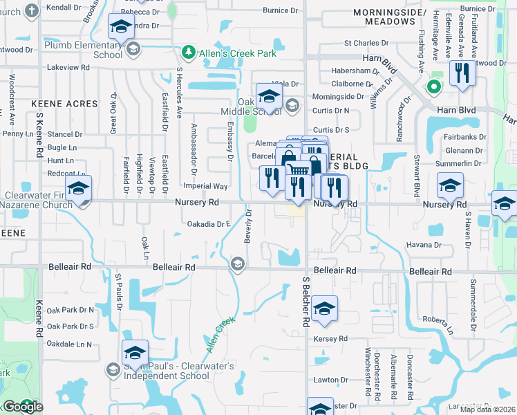 map of restaurants, bars, coffee shops, grocery stores, and more near 2131 Nursery Road in Clearwater