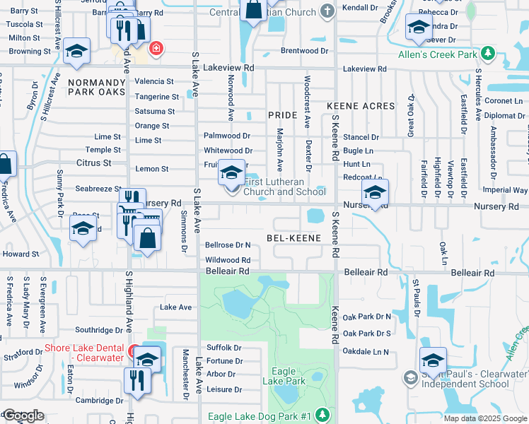 map of restaurants, bars, coffee shops, grocery stores, and more near 1507 Laurel Drive in Clearwater