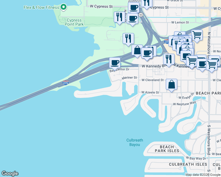 map of restaurants, bars, coffee shops, grocery stores, and more near 5701 Mariner Street in Tampa