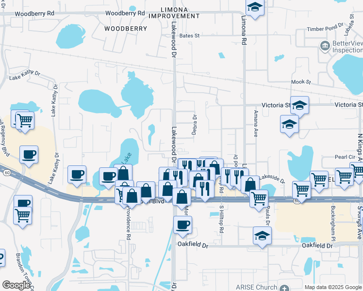 map of restaurants, bars, coffee shops, grocery stores, and more near 309 Lakewood Drive in Brandon