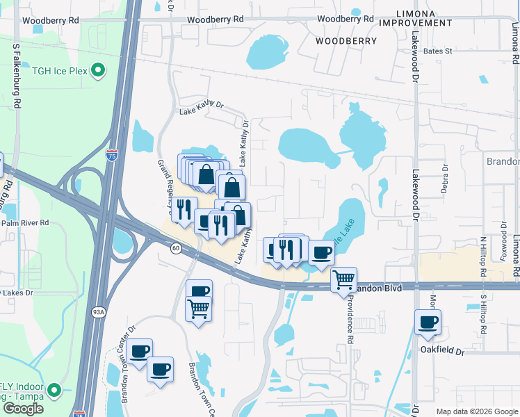 map of restaurants, bars, coffee shops, grocery stores, and more near 2139 Brandon Park Circle in Brandon