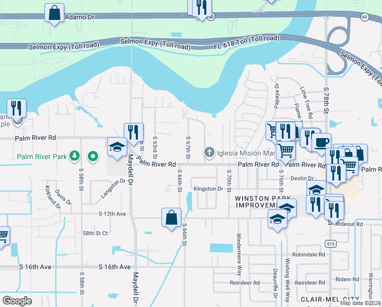 map of restaurants, bars, coffee shops, grocery stores, and more near 626 South 67th Street in Tampa