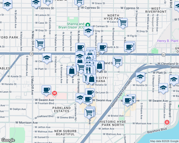 map of restaurants, bars, coffee shops, grocery stores, and more near 223 South Howard Avenue in Tampa