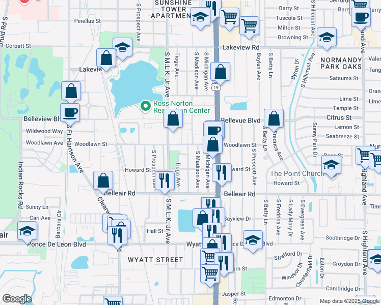 map of restaurants, bars, coffee shops, grocery stores, and more near 1513 South Washington Avenue in Clearwater