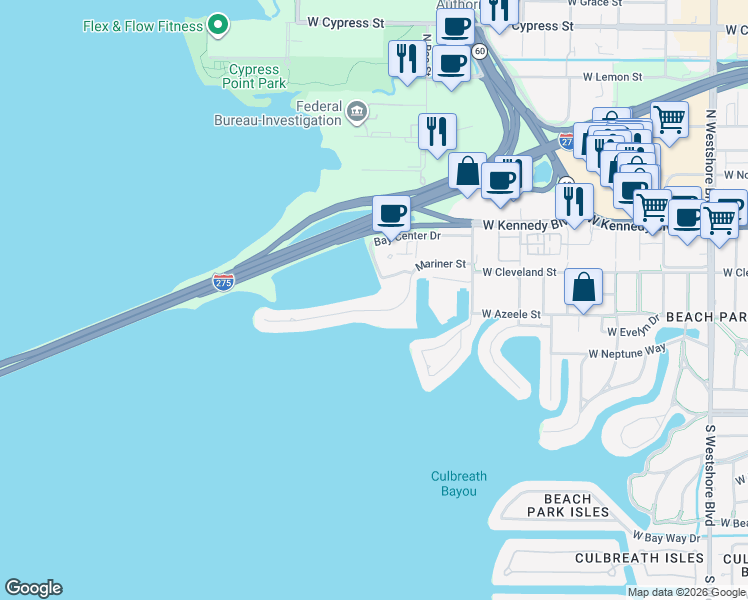 map of restaurants, bars, coffee shops, grocery stores, and more near 5701 Mariner Street in Tampa