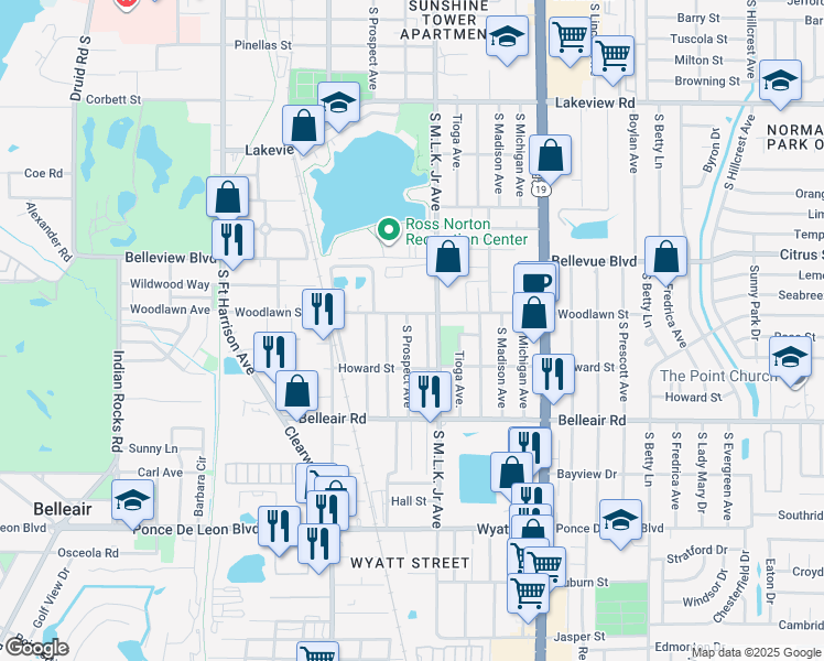 map of restaurants, bars, coffee shops, grocery stores, and more near 1515 South Prospect Avenue in Clearwater