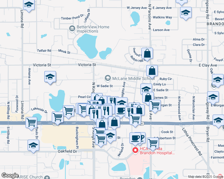 map of restaurants, bars, coffee shops, grocery stores, and more near 418 Big Cedar Way in Brandon