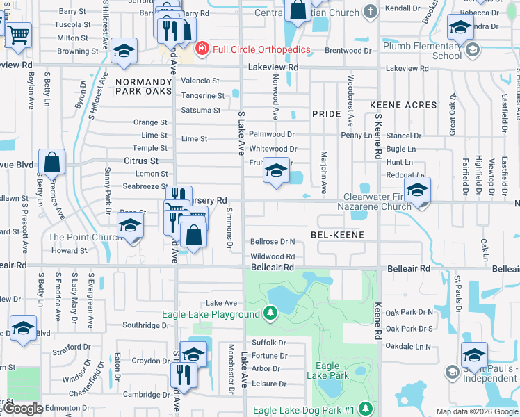 map of restaurants, bars, coffee shops, grocery stores, and more near 1528 Lake Way in Clearwater