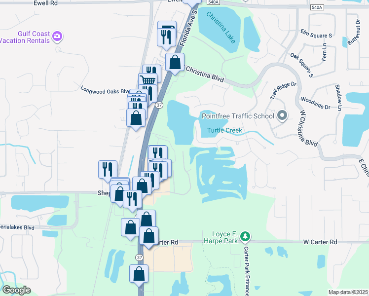map of restaurants, bars, coffee shops, grocery stores, and more near 6802 Shimmering Dr in Lakeland