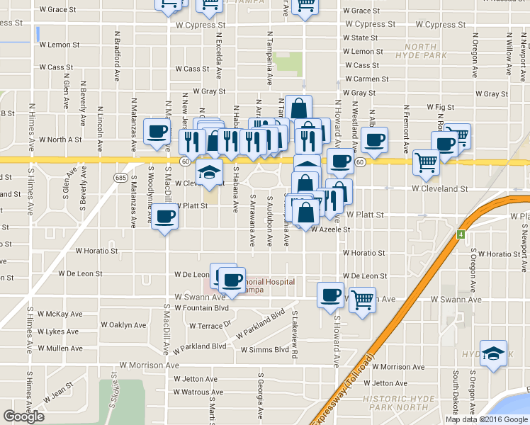 map of restaurants, bars, coffee shops, grocery stores, and more near 304 South Arrawana Avenue in Tampa