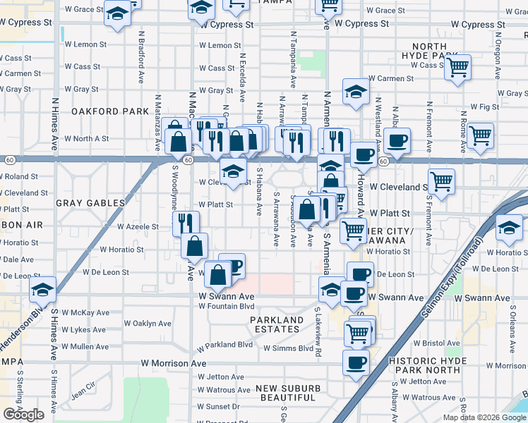 map of restaurants, bars, coffee shops, grocery stores, and more near 303 South Habana Avenue in Tampa