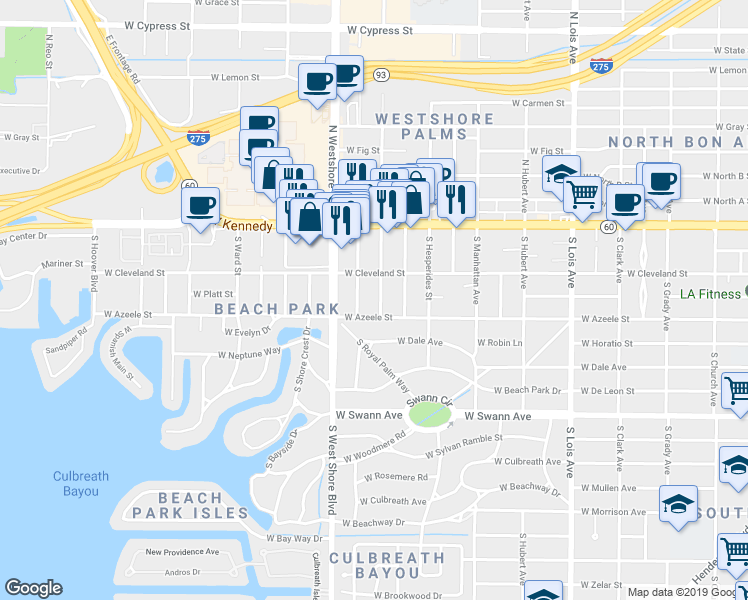 map of restaurants, bars, coffee shops, grocery stores, and more near 209 South Trask Street in Tampa
