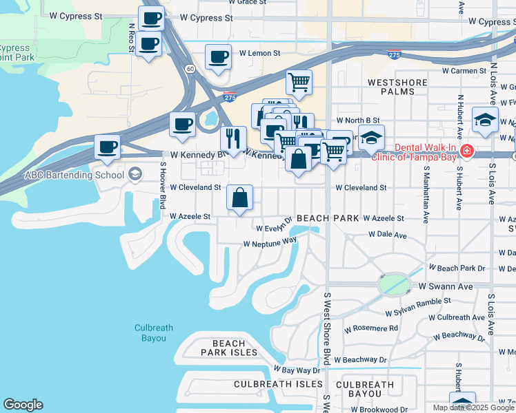 map of restaurants, bars, coffee shops, grocery stores, and more near 5102 West Platt Street in Tampa