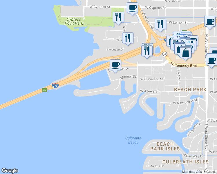 map of restaurants, bars, coffee shops, grocery stores, and more near 5801 Mariner Street in Tampa