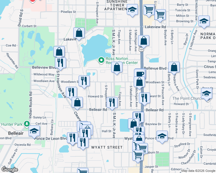 map of restaurants, bars, coffee shops, grocery stores, and more near 1515 South Prospect Avenue in Clearwater