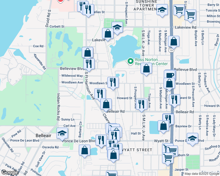 map of restaurants, bars, coffee shops, grocery stores, and more near 1517 Carmel Avenue in Clearwater