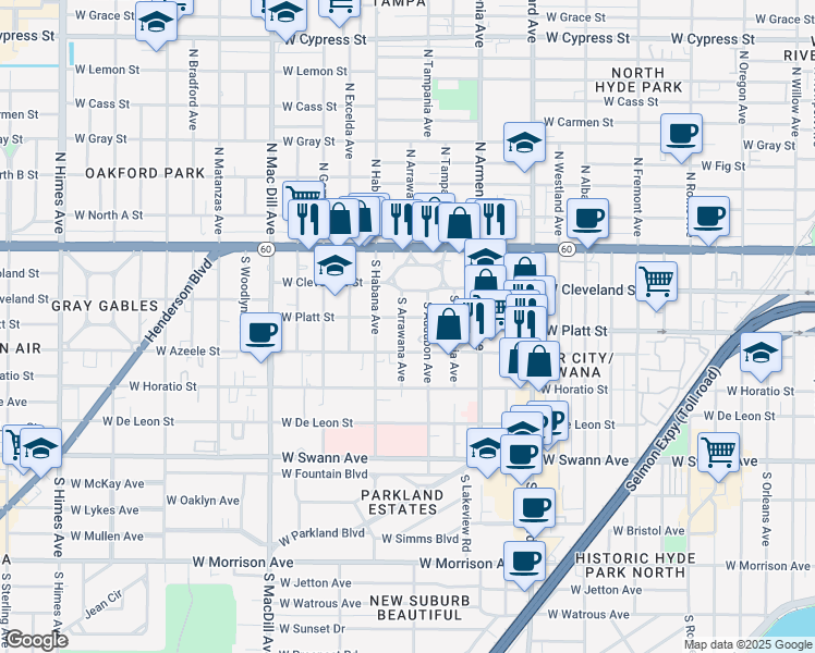 map of restaurants, bars, coffee shops, grocery stores, and more near 304 South Arrawana Avenue in Tampa