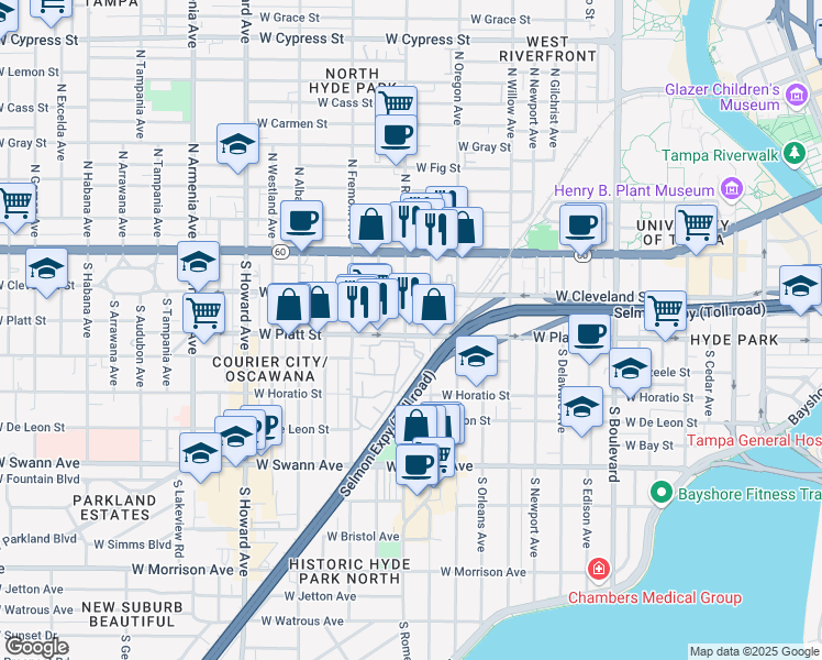map of restaurants, bars, coffee shops, grocery stores, and more near 1617 West Platt Street in Tampa