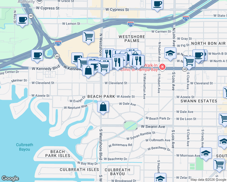 map of restaurants, bars, coffee shops, grocery stores, and more near 209 South Trask Street in Tampa