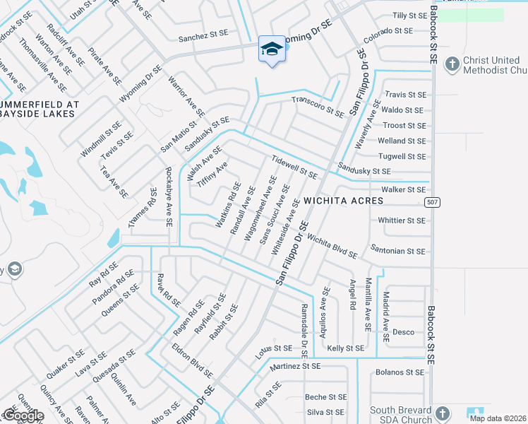 map of restaurants, bars, coffee shops, grocery stores, and more near 2169 Wagonwheel Avenue Southeast in Palm Bay