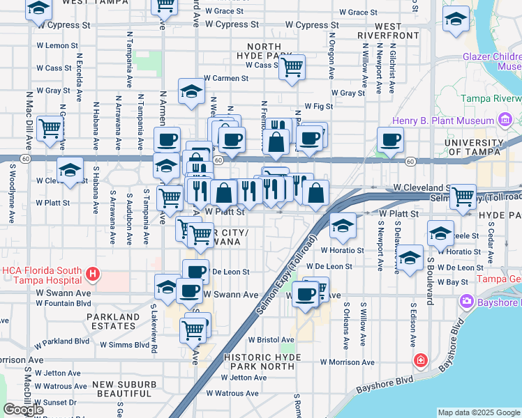 map of restaurants, bars, coffee shops, grocery stores, and more near 1901 West Platt Street in Tampa