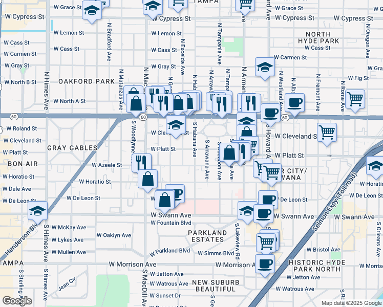map of restaurants, bars, coffee shops, grocery stores, and more near 303 South Habana Avenue in Tampa