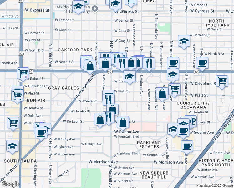 map of restaurants, bars, coffee shops, grocery stores, and more near 303 South New Jersey Avenue in Tampa